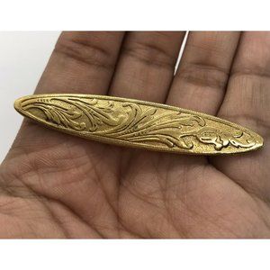 Gold tone long oval brooch etched Floral Leaves Foliage Vintage